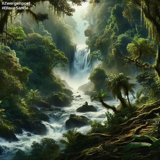 Ein Fluss durchschneidet den Urwald und stürzt in einem tosenden Wasserfall in die Tiefe.